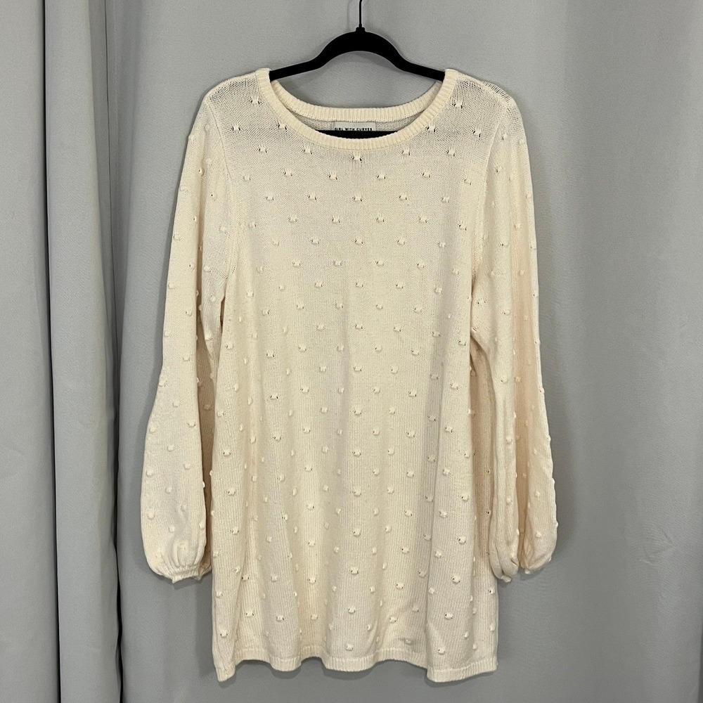 Girl With Curves Cream Bobble Knit‎ Sweater Bishop Sleeve Cozy Cabin Tunic 18/20 - Picture 2 of 10